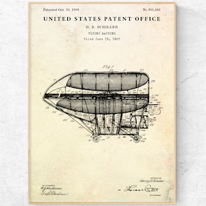 Flying Machine 1908 Patent Print. Vintage Airship Poster. Aircraft Inventions Blueprint Wall Art. Steampunk Decor, History Buff Gift