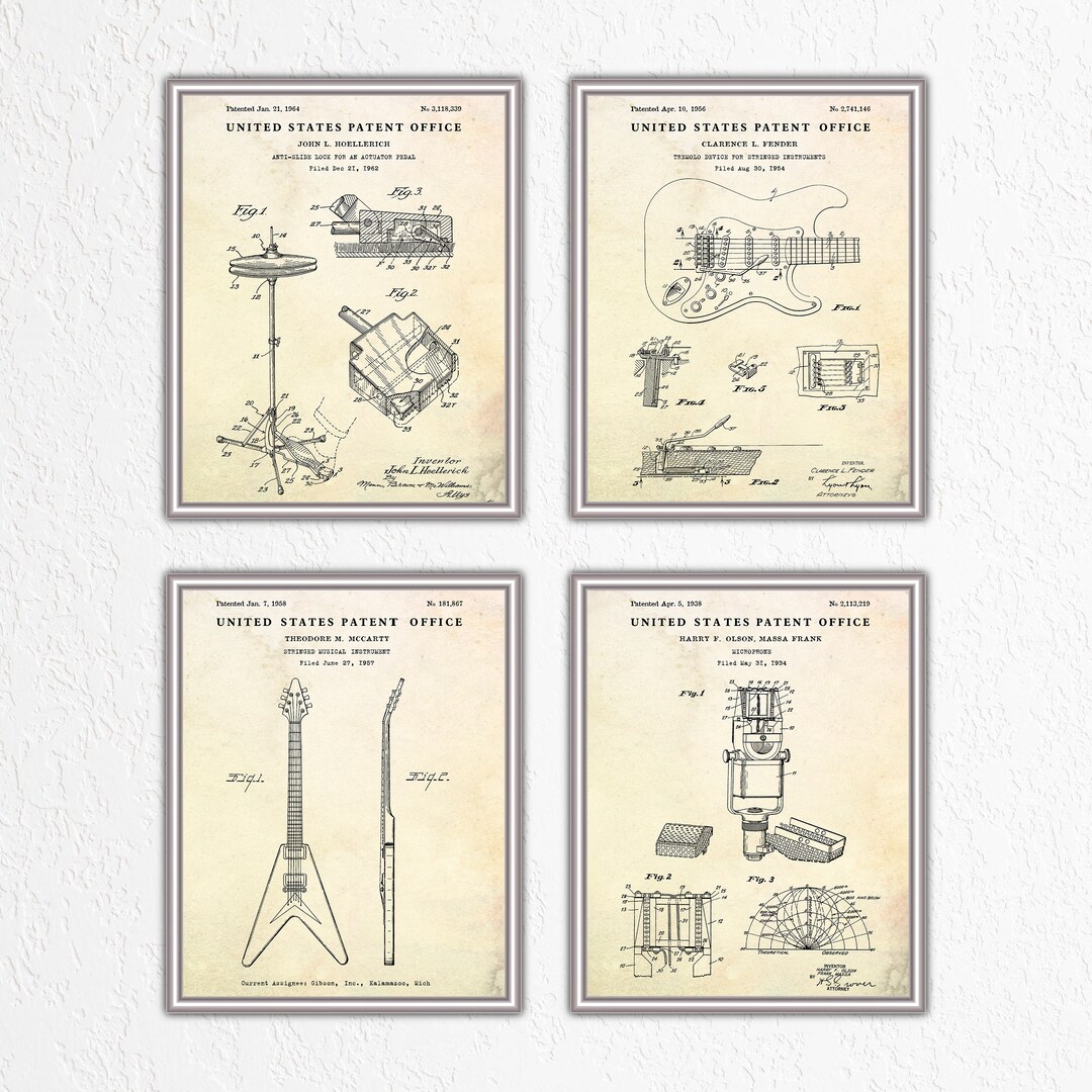 Rock & Roll Inventions: Guitars, Drums, Microphone Patent Wall Art ...