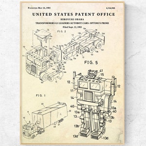 May include: A black and white line drawing of a robot transforming into a truck. The drawing is from a patent for a toy robot. The patent is titled "Transformers G1 Leaders Autobot Cars: Optimus Prime" and was filed on September 22, 1983. The patent number is 4,516,948.