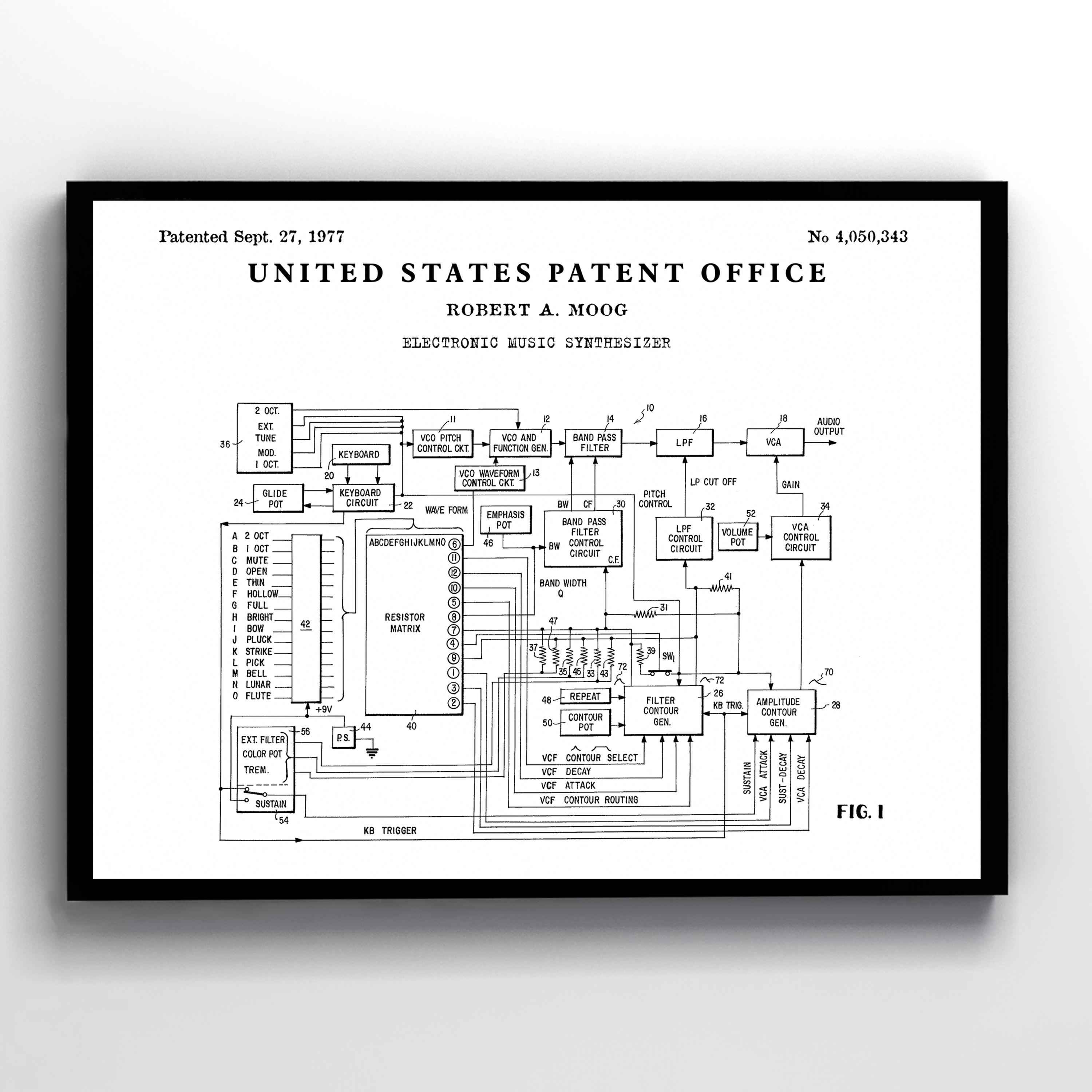 Electronic Music Synthesizer 1977 Patent Print. Synth