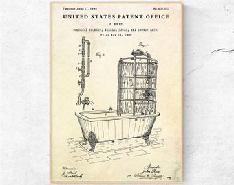 Bathroom Wall Art: Bathtub 1890 Patent Print. Shower, Bath Tub Invention Blueprint Poster, Vintage Decor, Ready to Hang Canvas