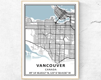 May include: A black and white map of Vancouver, Canada, with the city's name and coordinates printed below. The map shows the city's streets and waterways.