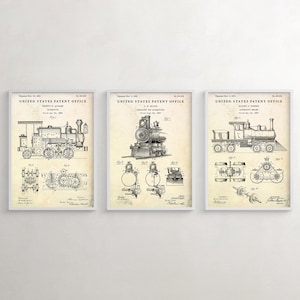 19th Century Steam Locomotive Patent Wall Art, Antique Railway Blueprint Poster, History Buff Gift, Vintage Railroad Decor, Set Of 3 Prints