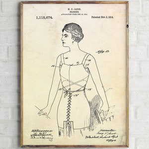 May include: A black and white line drawing of a patent for a corset. The patent number is 1,115,674. The patent was filed on Feb. 18, 1914 and patented on Nov. 3, 1914. The drawing shows a woman wearing the corset. The corset has a lace-up front and a criss-cross design in the back.