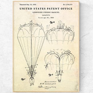 Parachute 1956 Patent Print. Aviation Invention Blueprint Poster. Paratrooper Skydiver Gift. Aircraft Vintage Wall Art. Ready to Hang Canvas
