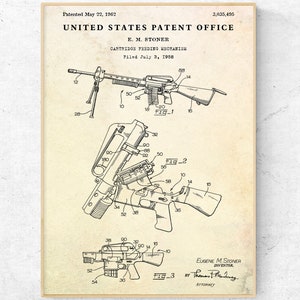 May include: A black and white line drawing of a patent for a cartridge feeding mechanism. The patent is for Eugene M. Stoner and was filed on July 3, 1958. The patent number is 3,035,495. The patent drawing shows a detailed diagram of the mechanism.