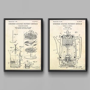 Coffee Maker, French Press Patent Wall Art. Tea Coffee Brewing Inventions Blueprint Poster, Barista Gift, Kitchen Decor. Set of 2 Prints