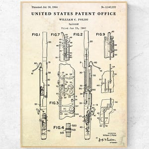 Bassoon 1964 Patent Print. Blueprint Poster. Musician, Bassoonist Gifts. Music Room Vintage Decor. Wind Instruments Wall Art