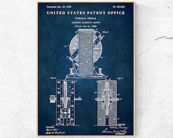 May include: A vintage blue and white patent drawing for an electro-magnetic motor, patented on June 25, 1880, by Nikola Tesla. The patent number is 405,858. The drawing shows a detailed diagram of the motor with various components labeled.