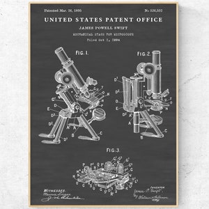 May include: Black and white patent drawing of a microscope with the title "United States Patent Office" and the text "James Powell Swift, Mechanical Stage for Microscope, Filed Oct 1, 1894".