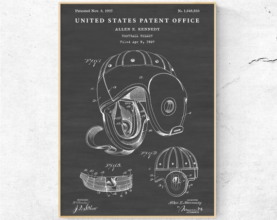 allen e kennedy football helmet Football Helmet 1927 Patent Art Print. American Football Inventions  Blueprint Poster. Sports Fan Gift. Vintage Wall Decor