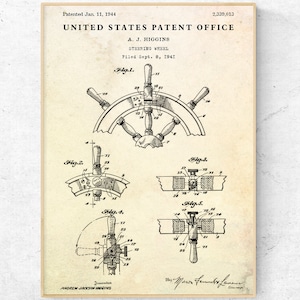 Vintage Ship Steering Wheel  Patent Print. Nautical Wall Art. Blueprint Poster. Marine Naval Wall Decor. Sailor Gifts