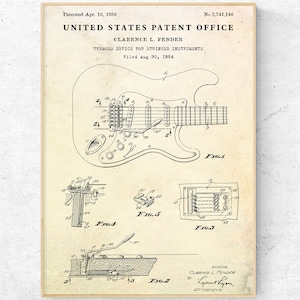 Guitarra Fender Stratocaster Vintage 1956 Patent Print. Pôster de Blueprint de Invenções. Arte de Parede de Músico, Presente de Guitarrista. Tela Pronta para Pendurar