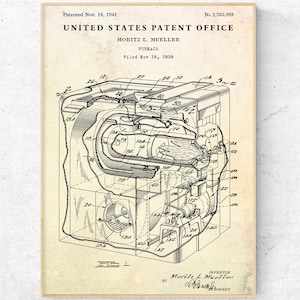 Furnace 1941 Patent Print. Heating Inventions HVAC Wall Art, Blueprint Poster, Engineer Gift, Ready to Hang Canvas