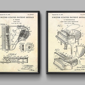 Art mural verni pour piano à queue. Affiche de plan d&#39;inventions d&#39;instruments de musique, cadeau de pianiste, décor vintage de salle de musique. Lot de 2 impressions