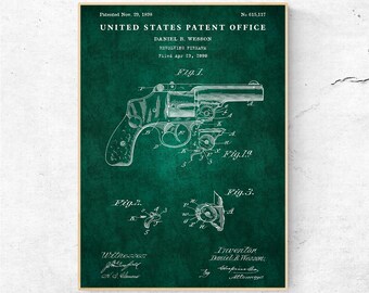 リボルバーの特許図面、1898年のアンティーク銃器設計図、男の隠れ家の