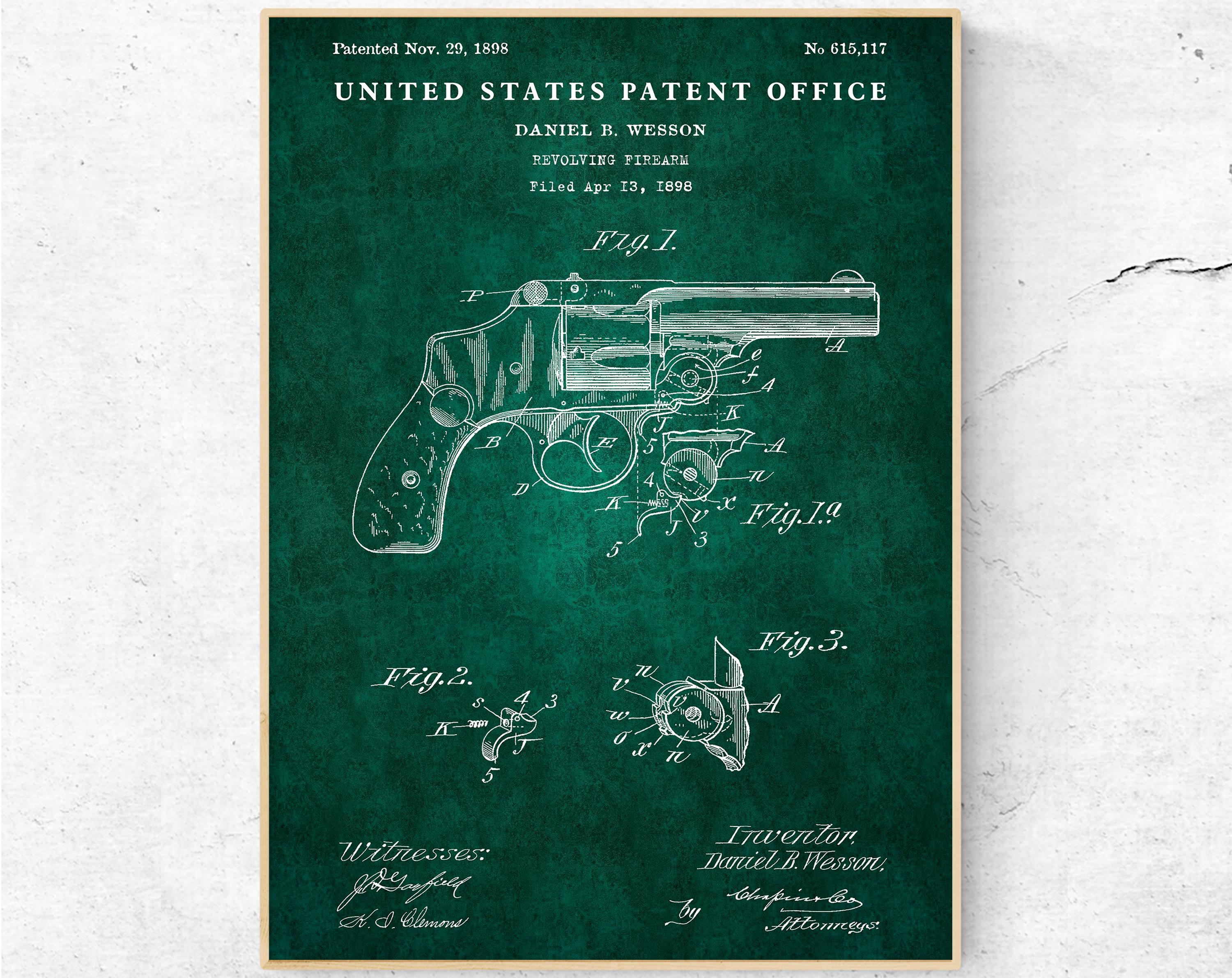 リボルバーの特許図面、1898年のアンティーク銃器設計図、男の隠れ家の