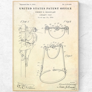 Lineman&#39;s Belt 1914 Patent Print. Lineman Gift, Utility Workers Vintage Inventions Blueprint Poster, Powerline Technician, Electrician Decor