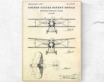 Stampa del brevetto dell&#39;aeroplano 1929. Manifesto dell&#39;aviazione. Regalo pilota. Aereo per aereo Decorazione vintage Aereo a due ali Biplano Arte da parete pronta per essere appesa su tela
