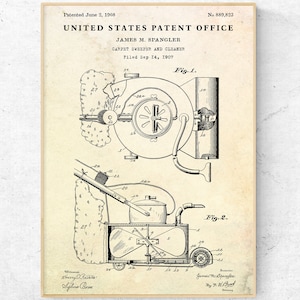 Premier aspirateur 1908, impression brevet. Bureau de service de nettoyage, déco vintage, oeuvre d&#39;art murale steampunk. Affiche du plan directeur de l&#39;invention du balayeur de tapis