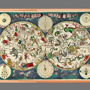 Celestial Planisphere Astrologie Poster. Antike Karte Wand Kunst, Vintage Dekor, Sternzeichen Geschenk, 1670б Fertig zum Aufhängen Leinwand