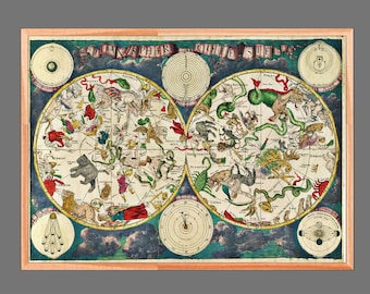 May include: A vintage celestial map with a blue background and gold accents. The map depicts the constellations of the zodiac, with detailed illustrations of each sign. The map is framed in a light wood frame.