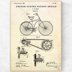 Bicycle 1890 Patent Print. Cycling Inventions. Bike Vintage Wall Art. Bicycling Blueprint Poster. Cyclist Gift Idea. Ready to Hang Canvas