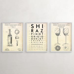 Art mural vin, signe des types de vins avec tableau des yeux, impressions de brevets sur le vin. Homme des cavernes, déco vintage de bar. Cadeau barman sommelier, lot de 3 affiches
