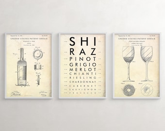 Arte murale del vino, cartello con grafico oculare per tipi di vino, stampe di brevetti del vino. Tana dell'uomo, arredamento vintage per bar. Regalo per barista sommelier, set di 3 poster
