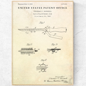 Straightening Iron Patent Poster. Fashion Beauty Salon Vintage Wall Art. Barber Decor. Hairdresser Print. Hair Stylist Gift