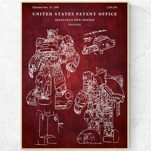 May include: A vintage-style patent drawing of a robot transforming into a Volkswagen Beetle car. The drawing is in white on a red background with the text "United States Patent Office", "Binaltech New Beetle", and "Bumblebee" visible.
