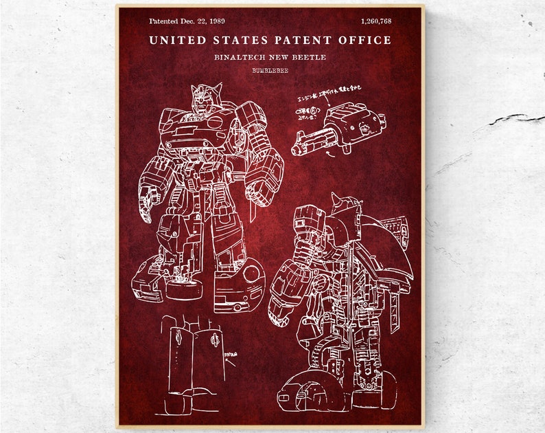 May include: A vintage-style patent drawing of a robot transforming into a Volkswagen Beetle car. The drawing is in white on a red background with the text "United States Patent Office", "Binaltech New Beetle", and "Bumblebee" visible.