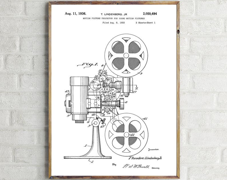 Projector Patent 1936. Patent Print. Movie Poster. Projector Patent. Home Theater Decor. Film Projector. Patent Wall Art. Patent Drawing. White