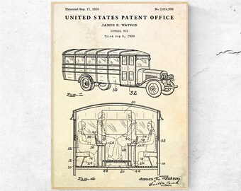 1935 School Bus Patent Art Print: Vintage Yellow Bus Retro Wall Decor