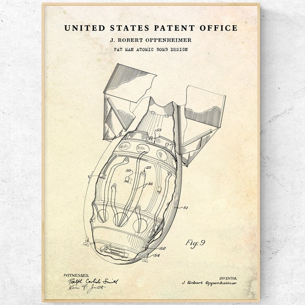 Impresión de patente de hombre gordo de bomba atómica, cartel de planos de inventos de la Segunda Guerra Mundial, arte de pared vintage militar