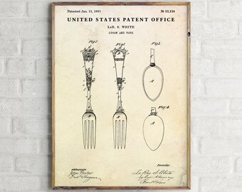 Fork Vintage Patent Drawing Poster. Blueprint Wall Art Kitchen Dining Room Restaurant Wall Decor. Dinner Fork Art Patent Print