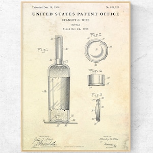 Bottle 1906 Patent Print. Vintage Kitchen Decor, Bar Wall Art. Wine Sign Poster. Sommelier Gift