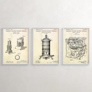 Furnace Evolution: Stove, Fireplace, Gas Heater Vintage Patent Wall Art. HVAC Gift, Blueprint Poster, Set of 3 Prints