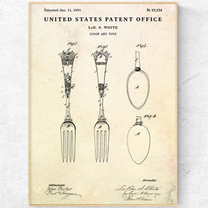 Vintage Fork & Spoon Design 1881 Patent Print, Utensil Wall Art, Rustic Kitchen Dining, Antique Culinary Decor, Farmhouse Style, Foodie Gift
