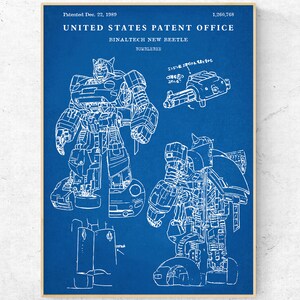 May include: A blueprint style illustration of a robot in both robot and vehicle form. The robot is a humanoid figure with a large head and a vehicle form that resembles a car. The text on the image reads "Patented Dec. 22, 1989", "1,260,768", "UNITED STATES PATENT OFFICE", "BINALTECH NEW BEETLE", and "BUMBLEBEE".