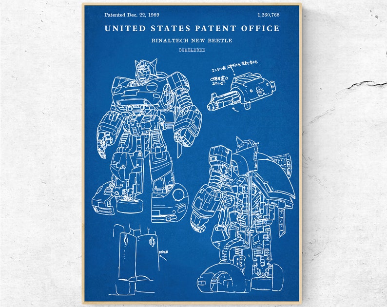 May include: A blueprint style illustration of a robot in both robot and vehicle form. The robot is a humanoid figure with a large head and a vehicle form that resembles a car. The text on the image reads "Patented Dec. 22, 1989", "1,260,768", "UNITED STATES PATENT OFFICE", "BINALTECH NEW BEETLE", and "BUMBLEBEE".