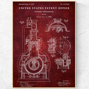 May include: A vintage red and white patent drawing for a motor, dated September 3, 1912. The drawing shows a detailed diagram of the motor's internal workings, with various parts labeled and numbered. The patent number, 1,037,842, is printed at the top of the drawing.