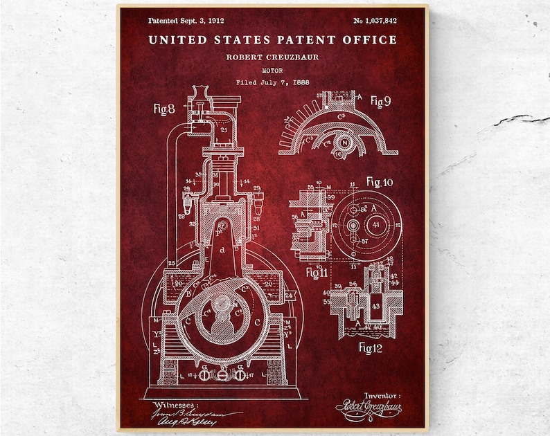 May include: A vintage red and white patent drawing for a motor, dated September 3, 1912. The drawing shows a detailed diagram of the motor's internal workings, with various parts labeled and numbered. The patent number, 1,037,842, is printed at the top of the drawing.