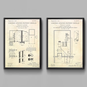Primeira arte de parede patenteada de ar condicionado. Projeto de invenções de ar condicionado, pôster HVAC. Decoração vintage de escritório. Presente HVAC, conjunto de 2 impressões