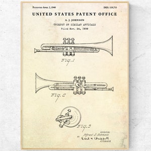 Trumpet 1940 Patent Print. Brass Instruments Wall Art. Blueprint Poster. Trumpeter Gift. Music Room Vintage Decor