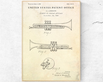 Trumpet 1940 Patent Print. Brass Instruments Wall Art. Blueprint Poster. Trumpeter Gift. Music Room Vintage Decor