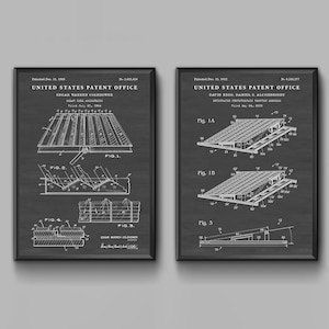 May include: Two black and white patent drawings on a chalkboard background. The first patent is for a solar cell assembly, the second patent is for an integrated photovoltaic rooftop system. Both patents include diagrams and text.