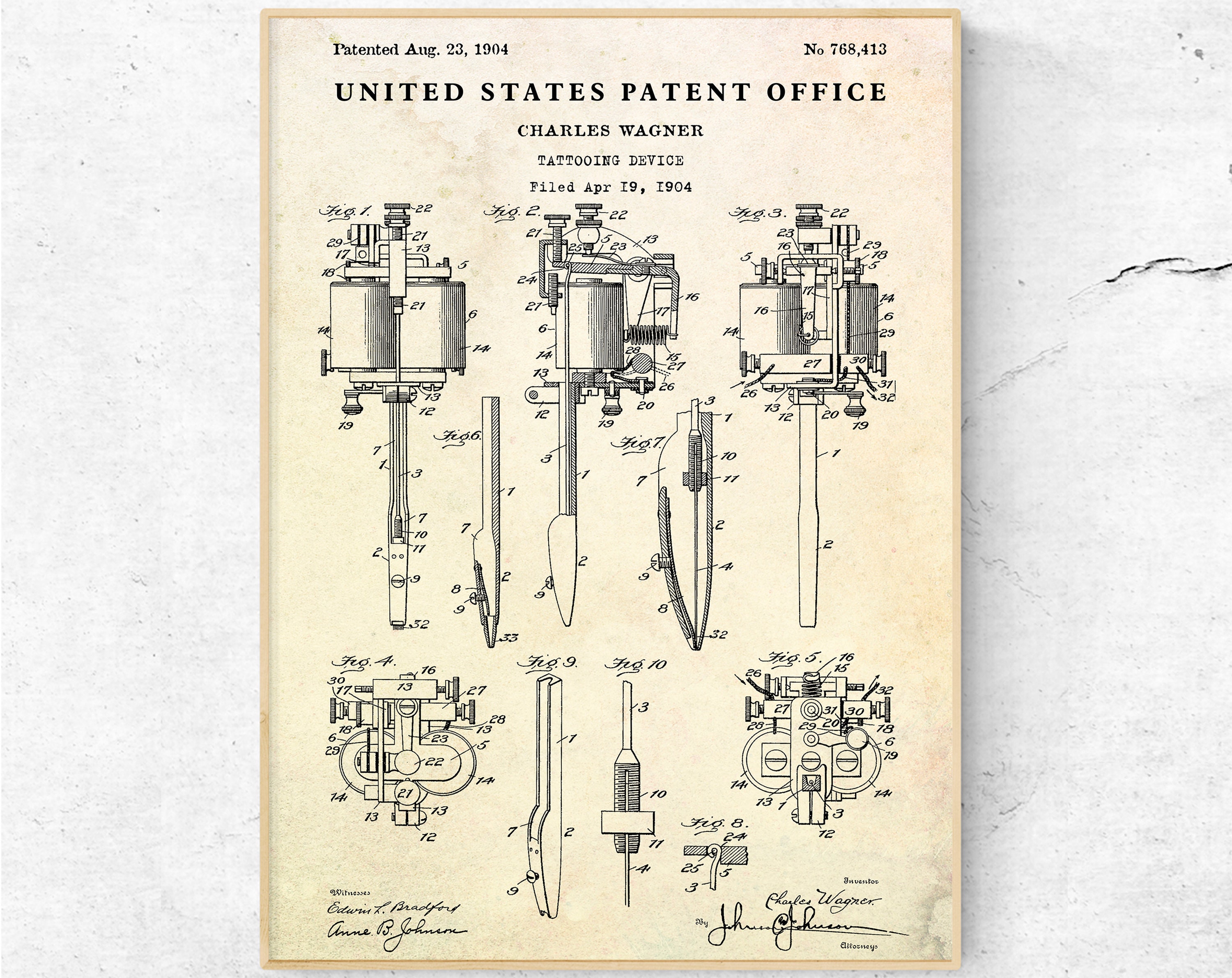 Tattoo Parlor Wall Art Canvas Painting Posters Decor Vintage Blueprint  Picture Decorations First Tattoo Machine Patent Prints