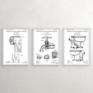 Vintage Toilet Patent Art Prints, Bathroom Restroom Decor, Set of 3 White