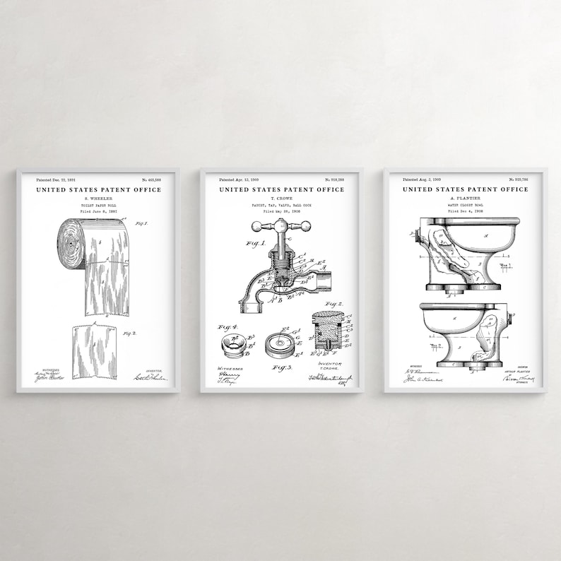 Vintage Toilet Patent Art Prints, Bathroom Restroom Decor, Set of 3 White